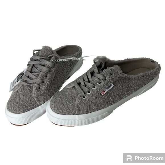 NWOT! Superga Slip On Shearling Mule Round Toe Light Gray Women S3112mw Sneakers - Picture 1 of 14